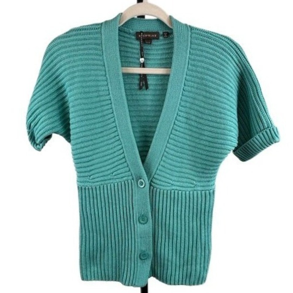 Repeat Anthropologie Blue Rib Short Sleeve Cardigan Sweater Womens Size 38 Small